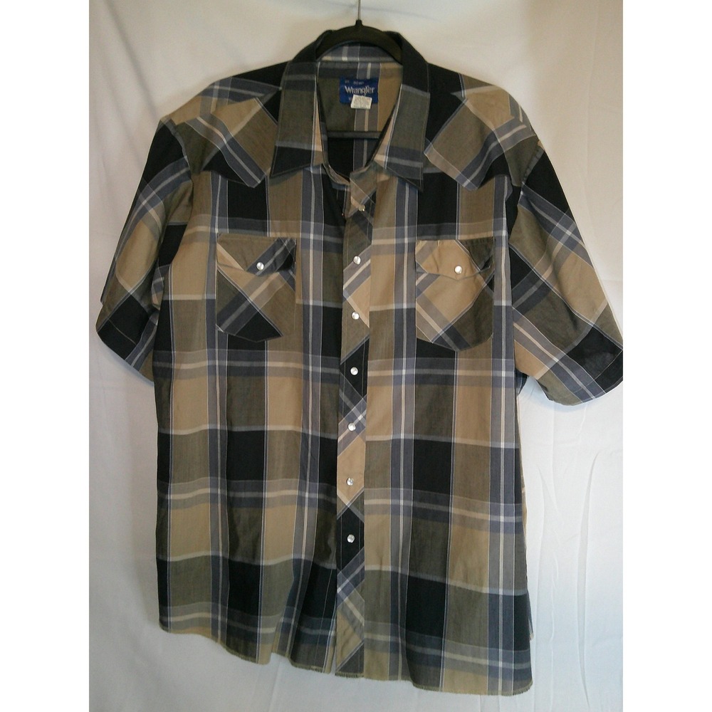 Vintage Wrangler Western Shirt Mens 2XL Short Sleeve Plaid Snap Button Up Cowboy